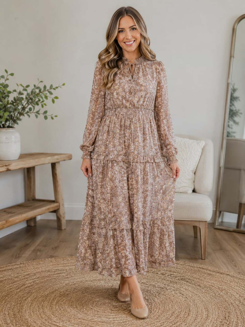 Noralee Floral Tiered Maxi Dress Small Long Sleeve Lined Romantic Boho Pink - Picture 1 of 13
